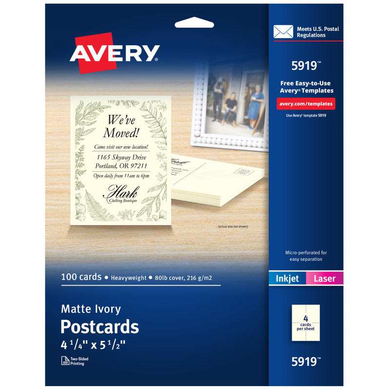 Avery Printable Postcards, 4.25in x 5.5in, Ivory, 100 Blank Postcards For Laser And Inkjet Printers MPN:5919