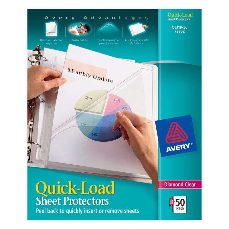 Avery Quick-Load Sheet Protectors, Top & Side Load, 8-1/2in x 11in, Diamond Clear, 50 Document Protectors MPN:73802