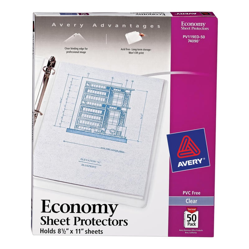 Avery Economy Sheet Protectors, Top Load, 8-1/2in x 11in, Clear, 50 Document Protectors (Min Order Qty 11) MPN:74090