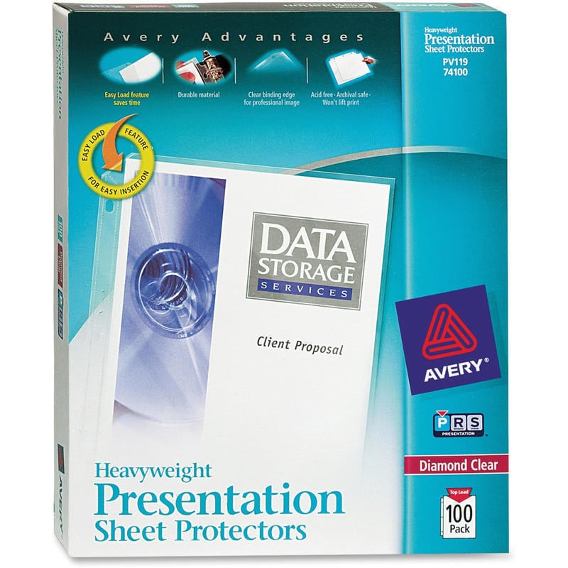 Avery Heavyweight Sheet Protectors With Easy Load, 8-1/2in x 11in, Diamond Clear, 100 Document Protectors MPN:74100