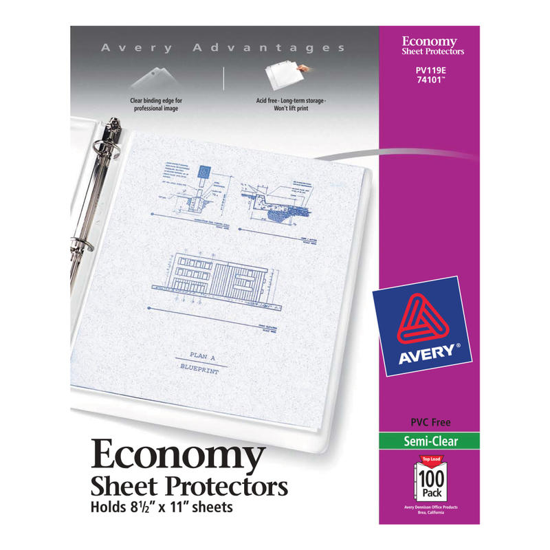 Avery Economy Weight Sheet Protectors, 8 1/2in x 11in, Top Loading, Semi-Clear, Pack Of 100 MPN:74101