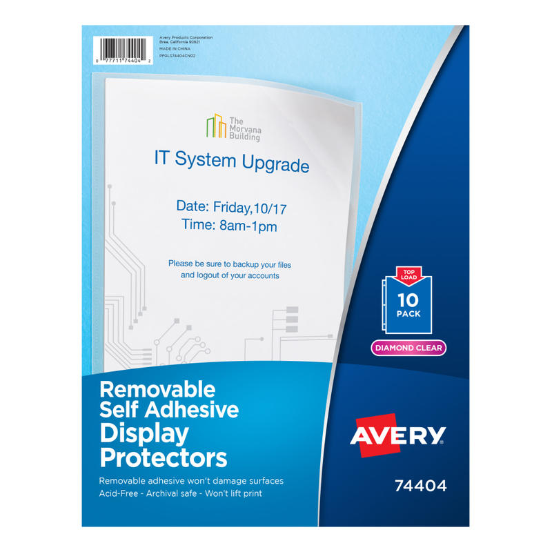 Avery Self-Adhesive Wall And Door Communication Display Protectors, 8-1/2in x 11in, Clear, Pack Of 10 Clear Sleeves MPN:74404