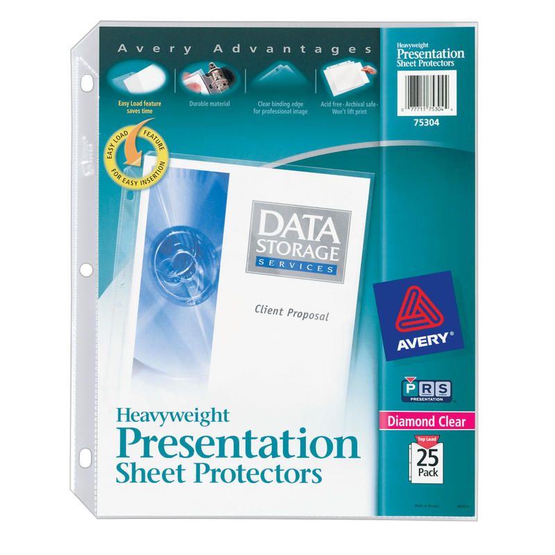 Avery Heavyweight Easy Load Sheet Protectors, 8-1/2in x 11in, Diamond Clear, 25 Document Protectors MPN:75304