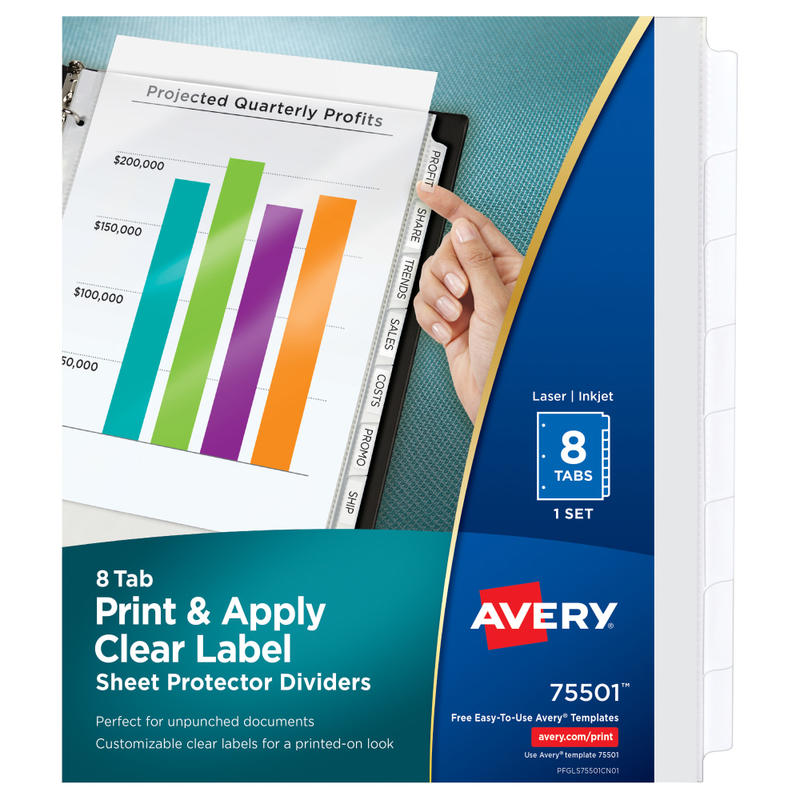 Avery Sheet Protector Dividers For 3 Ring Binders With Easy Print, 8-1/2in x 11in, 8 Tab, Clear With Customizable White Tabs, 1 Set - 75501 MPN:75501