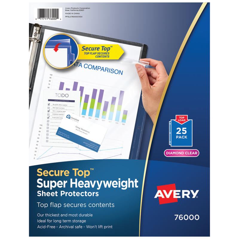 Avery Secure-Top Sheet Protectors, Super Heavyweight, Diamond Clear, Pack Of 25 MPN:76000