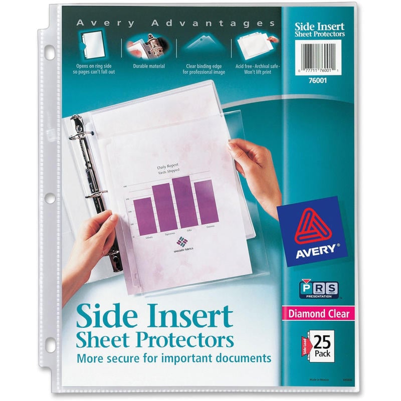 Avery Side Insert Sheet Protectors - For Letter 8 1/2in x 11in Sheet - Clear - Polypropylene - 25 / Pack MPN:76001