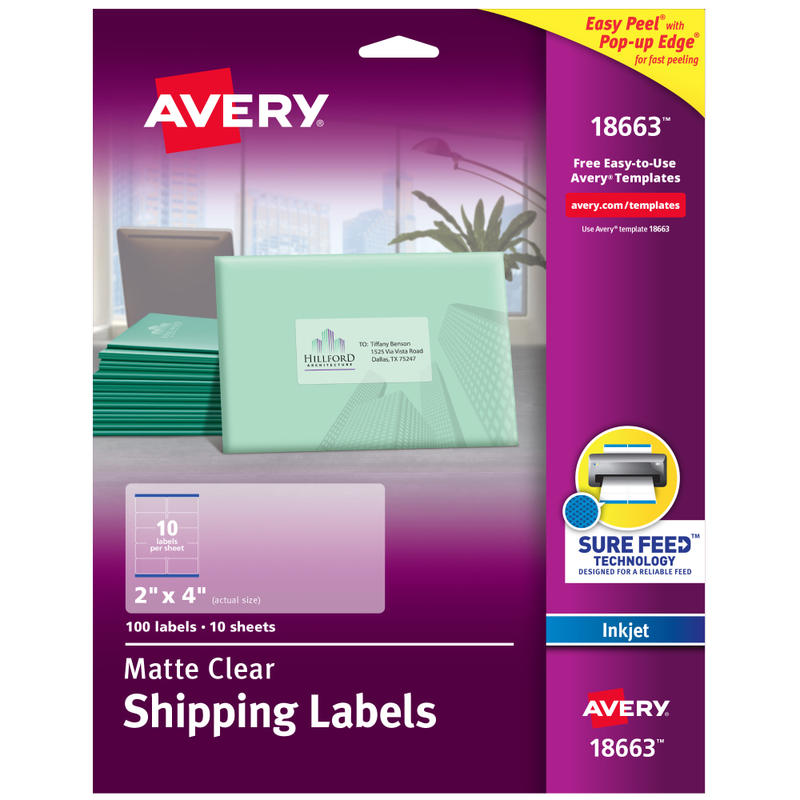 Avery Matte Shipping Labels With Sure Feed Technology, 18663, Rectangle, 2in x 4in, Clear, Pack Of 100 MPN:18663