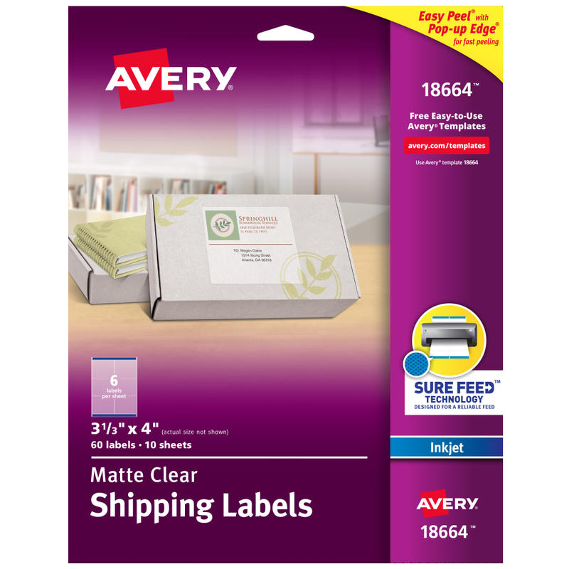 Avery Easy Peel Clear Inkjet Shipping Labels, 18664, 3 1/3in x 4in, Pack Of 60 MPN:18664
