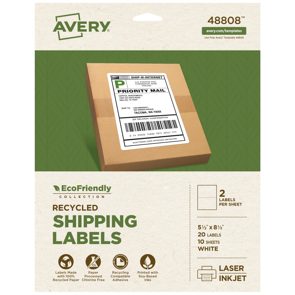 Avery EcoFriendly Recycled Labels, Rectangle, 5-1/2in x 8-1/2in, Matte White, Pack Of 20 MPN:48808