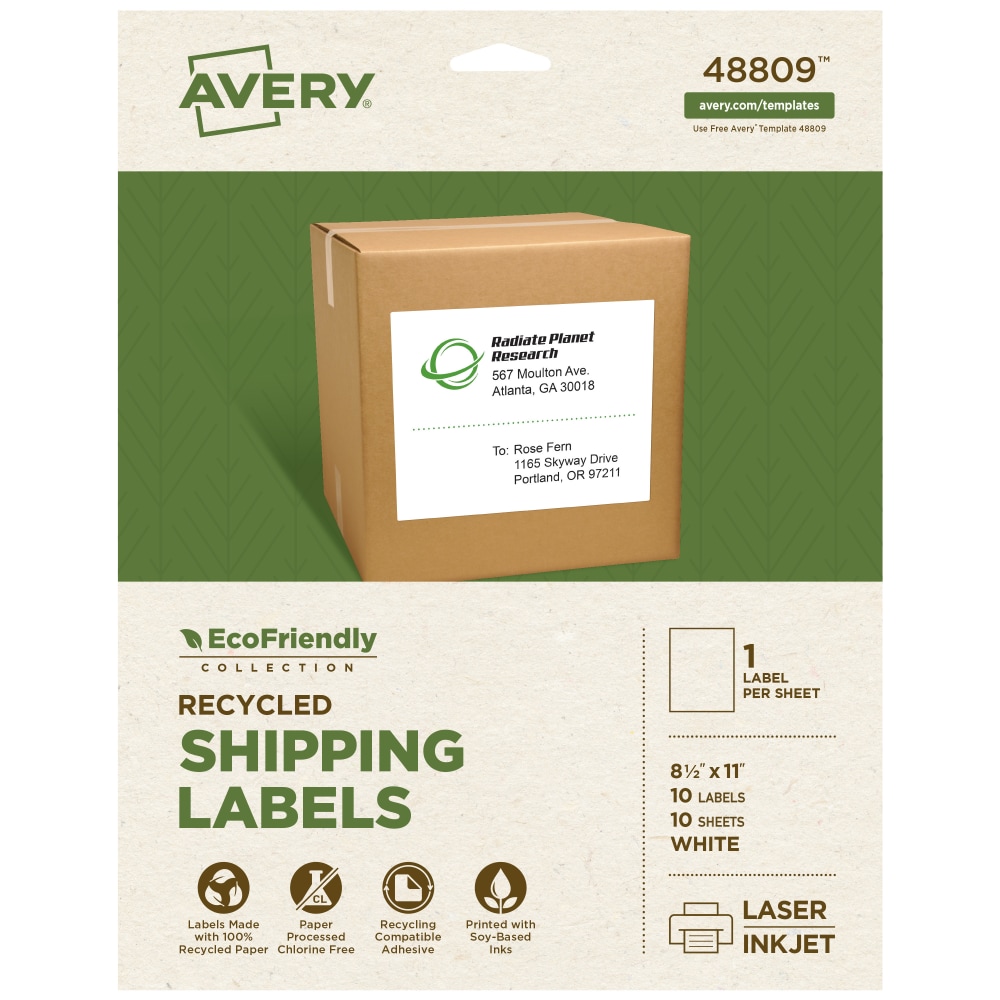 Avery EcoFriendly Recycled Labels, Rectangle, 8-1/2in x 11in, Matte White, Pack Of 10 MPN:48809