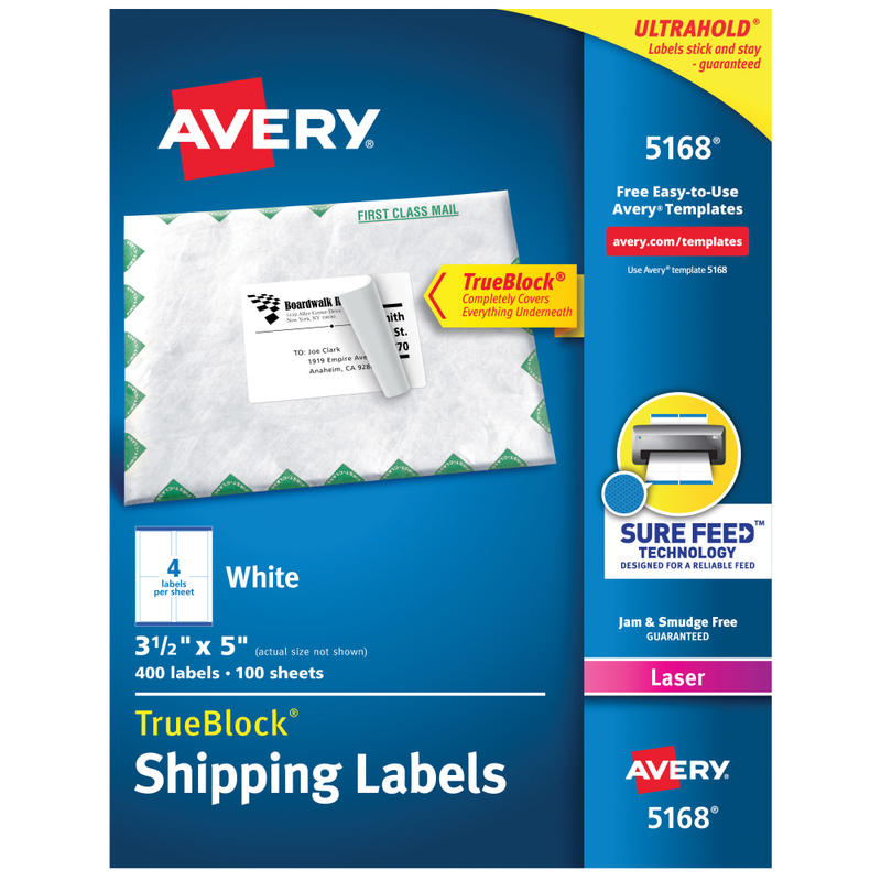Avery TrueBlock Shipping Labels With Sure Feed Technology, 5168, Rectangle, 3-1/2in x 5in, White, Pack Of 400 (Min Order Qty 2) MPN:05168