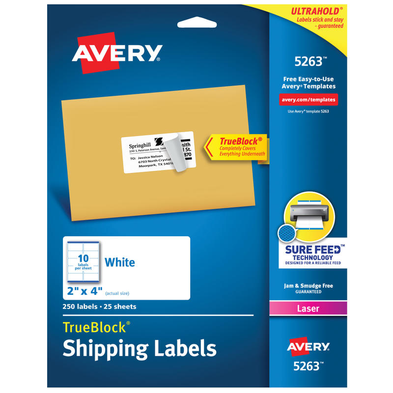 Avery TrueBlock Shipping Labels With Sure Feed Technology, 5263, Rectangle, 2in x 4in, White, Pack Of 250 (Min Order Qty 6) MPN:5263