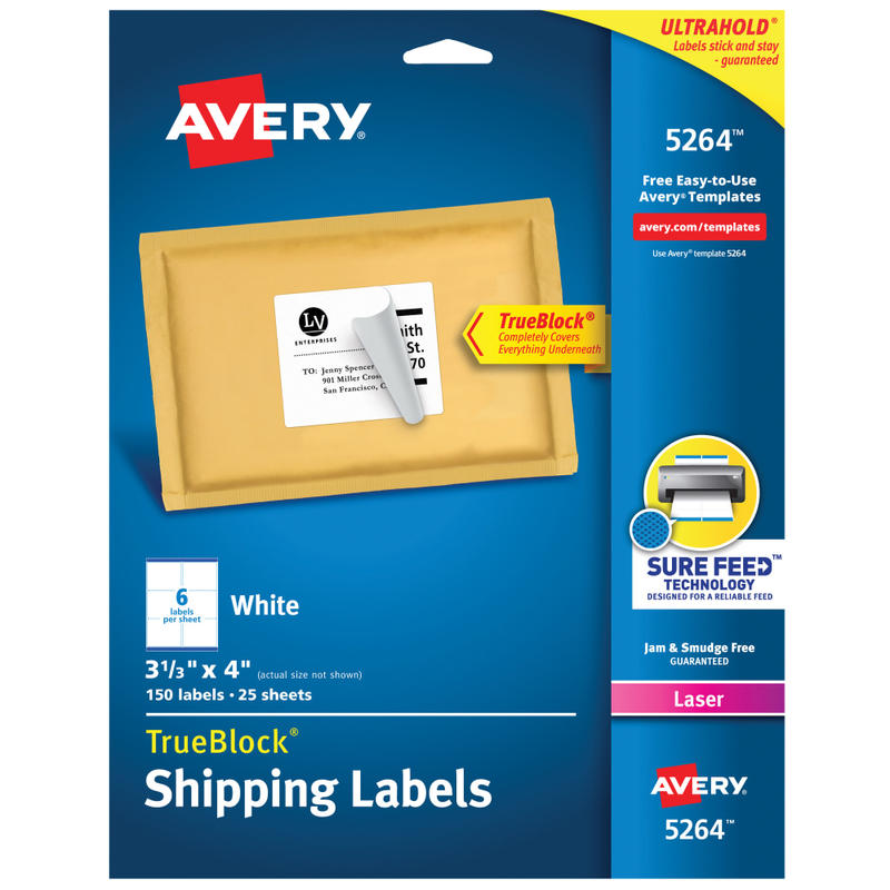 Avery TrueBlock Shipping Labels With Sure Feed Technology, 5264, Rectangle, 3 1/3in x 4in, White, Pack Of 150 (Min Order Qty 6) MPN:05264