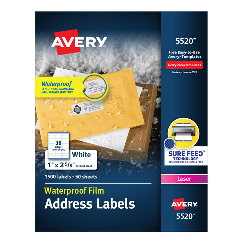 Avery Waterproof Address Labels With Ultrahold, 5520, Rectangle, 1in x 2-5/8in, White, 1, 500 Labels For Laser Printers MPN:5520