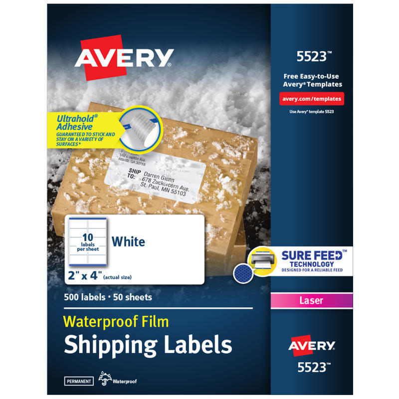 Avery Waterproof Labels With Ultrahold, 05523, Rectanlge, 2in x 4in, White, 500 Labels For Laser Printers MPN:5523
