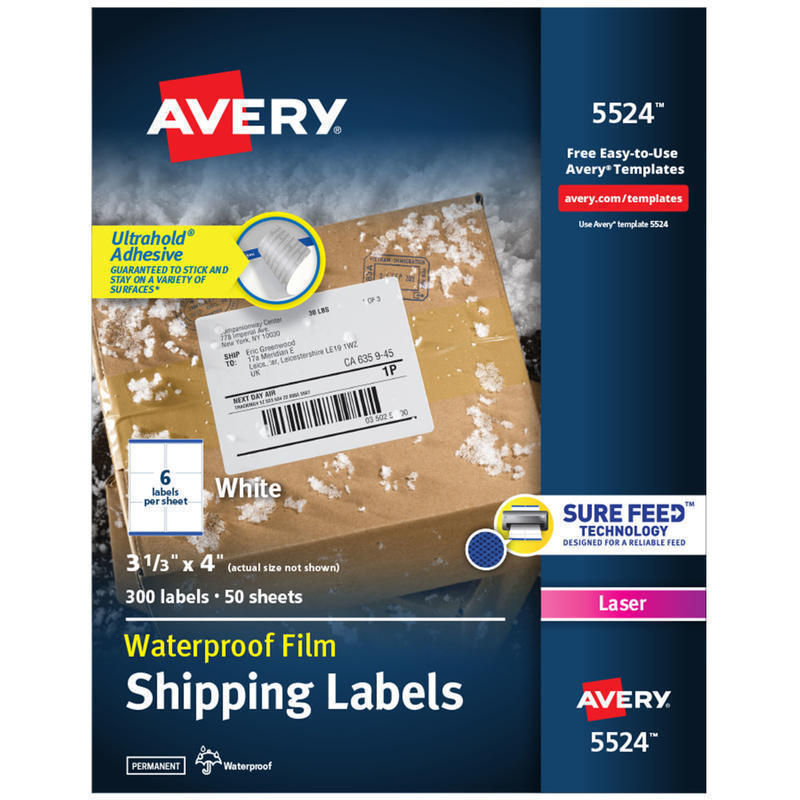 Avery Waterproof Labels With Ultrahold, 05524, Rectanlge, 3-1/3in x 4in, White, 300 Labels For Laser Printers MPN:5524