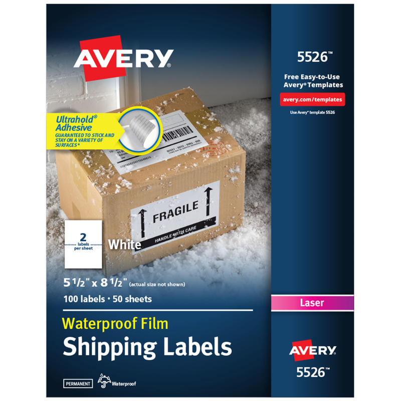 Avery Waterproof Shipping Labels With Ultrahold, 5526, Rectangle, 5-1/2in x 8-1/2in, White, 100 Labels For Laser Printers MPN:5526
