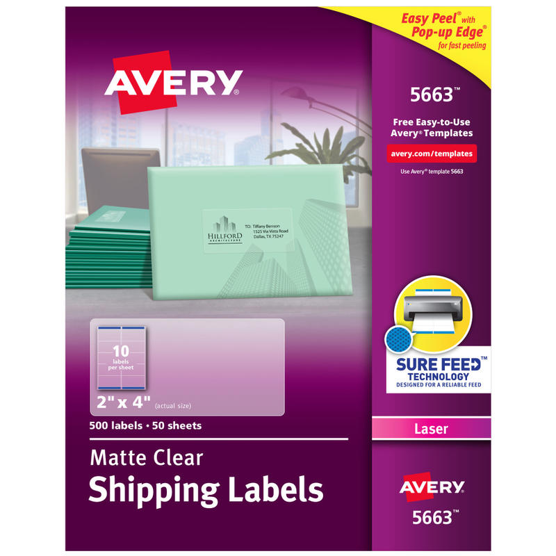 Avery Matte Shipping Labels With Sure Feed Technology, 5663, Rectangle, 2in x 4in, Clear, Pack Of 500 MPN:5663