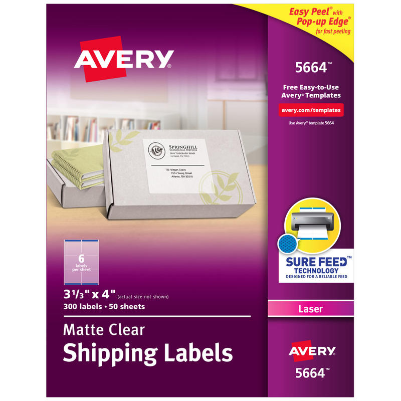 Avery Matte Shipping Labels With Sure Feed Technology, 5664, Rectangle, 3-1/3in x 4in, Clear, Pack Of 300 MPN:5664