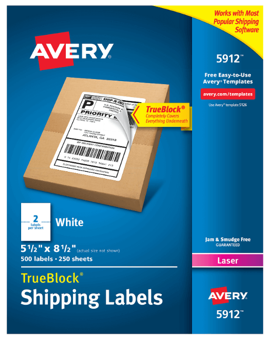 Avery Permanent Shipping Labels With TrueBlock Technology, 5912, 5 1/2in x 8 1/2in, White, Box Of 500 MPN:5912
