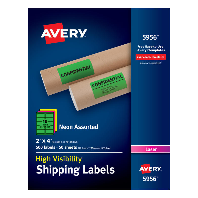 Avery High-Visibility Permanent Shipping Labels, 5956, 2in x 4in, Assorted Colors, Pack Of 500 MPN:5956