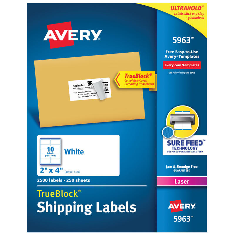 Avery TrueBlock Shipping Labels With Sure Feed Technology, 5963, Rectangle, 2in x 4in, White, Pack Of 2,500 MPN:5963