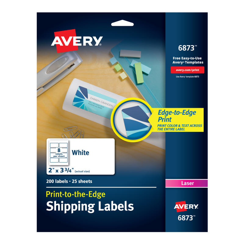 Avery Print-To-The-Edge Permanent Laser Shipping Labels, 6873, 2in x 3 3/4in, White, Pack Of 200 (Min Order Qty 5) MPN:6873