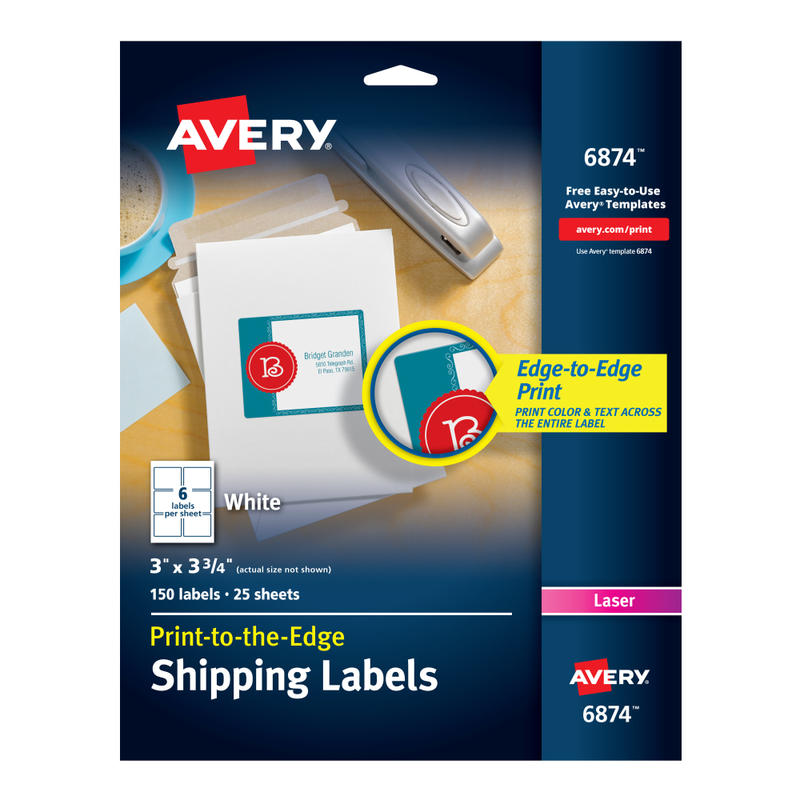 Avery Print-to-the-Edge Shipping Labels With Sure Feed For Color Laser Printers, 6874, Rectangle, 3in x 3-3/4in, White, Pack Of 150 (Min Order Qty 4) MPN:6874