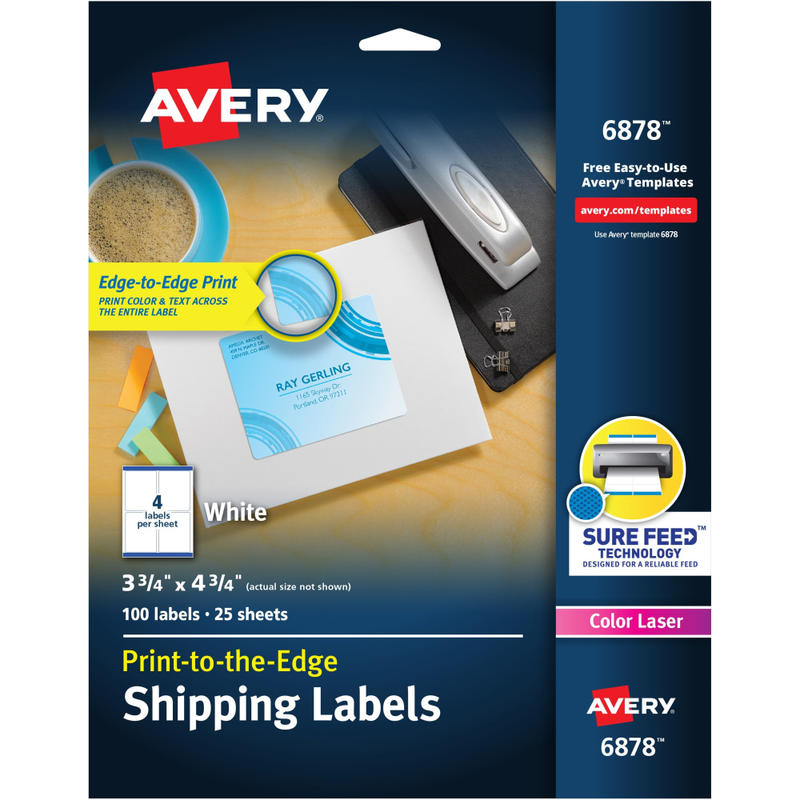 Avery Print-to-the-Edge Shipping Labels With Sure Feed For Color Laser Printers, 6878, Rectangle, 3-3/4in x 4-3/4in, White, Pack Of 100 (Min Order Qty 5) MPN:6878
