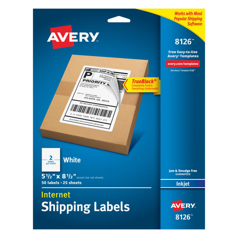 Avery TrueBlock Permanent Inkjet Shipping Labels, Internet, 8126, 5 1/2in x 8 1/2in, White, Pack Of 50 MPN:8126