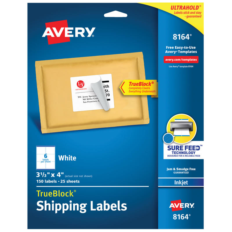 Avery TrueBlock Permanent Inkjet Shipping Labels, 8164, 3 1/3in x 4in, White, Pack Of 150 MPN:8164