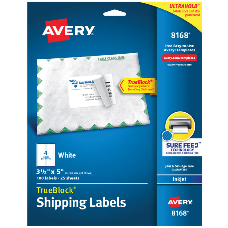 Avery TrueBlock Shipping Labels With Sure Feed Technology, 8168, Rectangle, 3-1/2in x 5in, White, Pack Of 100 MPN:8168