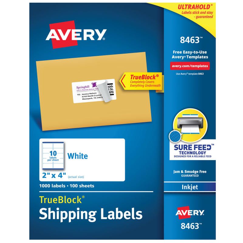 Avery TrueBlock Shipping Labels With Sure Feed Technology, 8463, Rectangle, 2in x 4in, White, Pack Of 1, 000 MPN:8463
