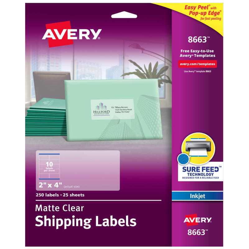 Avery Matte Shipping Labels With Sure Feed Technology, 8663, Rectangle, 2in x 4in, Clear, Pack Of 250 MPN:8663