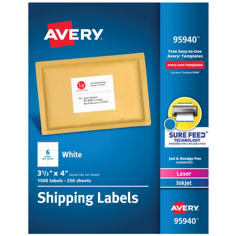 Avery Shipping Labels With Sure Feed Technology, 95940, Rectangle, 3-1/3in x 4in, White, Pack Of 1, 500 Labels MPN:95940