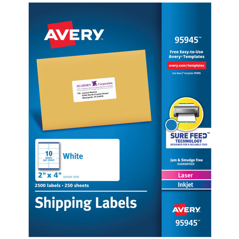 Avery Shipping Labels With Sure Feed Technology, 95945, Rectangle, 2in x 4in, White, Pack Of 2, 500 Labels MPN:95945