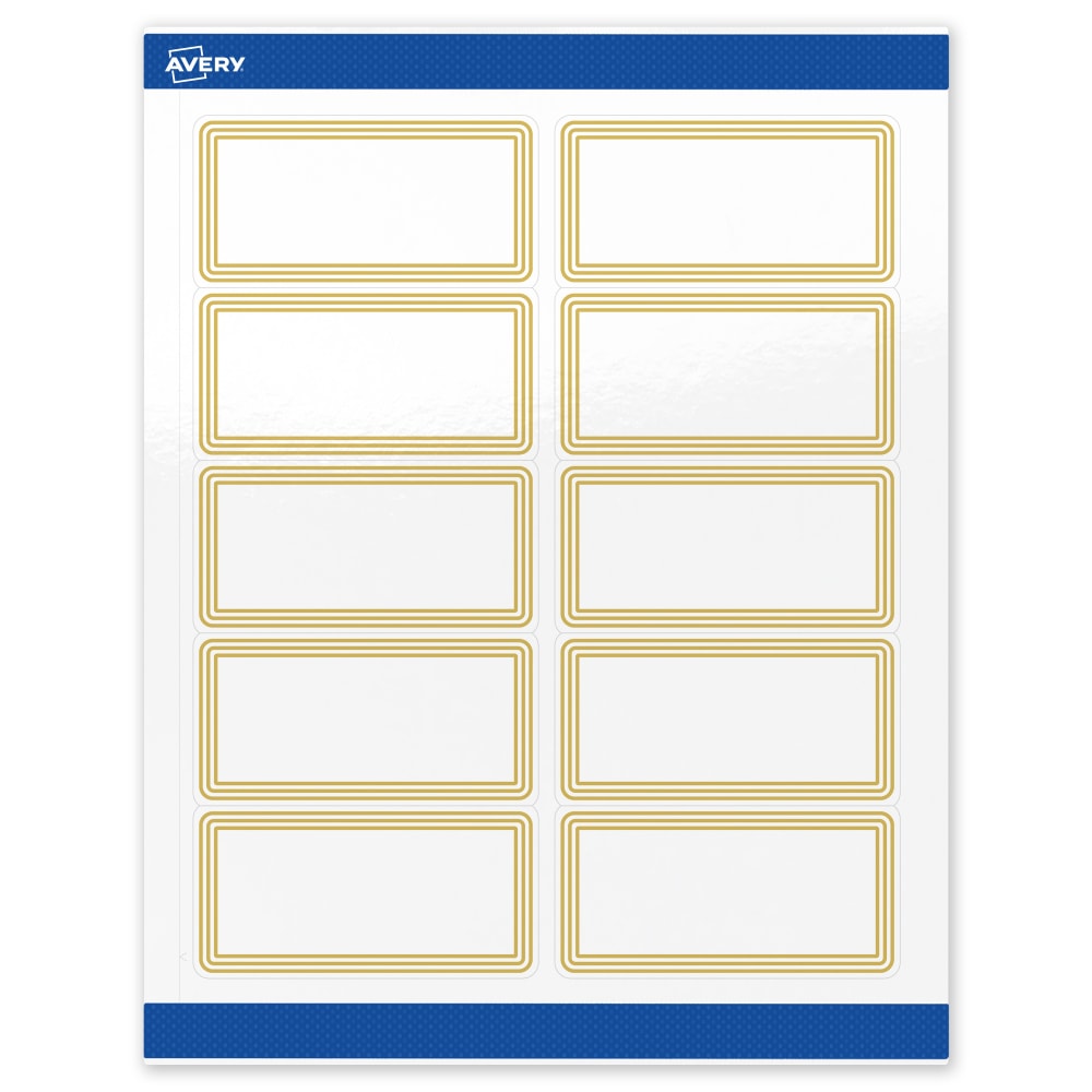 Avery Printable Labels & Sure Feed, S00-DHR-PRWGP10, 2in x 4in, Glossy White, Preprinted Multi-Lined Gold Border Design, Pack Of 100 MPN:S00-DHR-PRWGP10