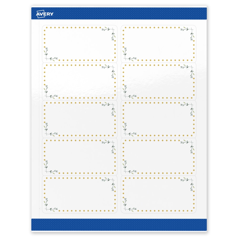 Avery Printable Labels & Sure Feed, S00-DNC-PRWGP10, 2in x 4in, Glossy White, Preprinted Green Floral & Gold Dots Design, Pack Of 100 MPN:S00-DNC-PRWGP10