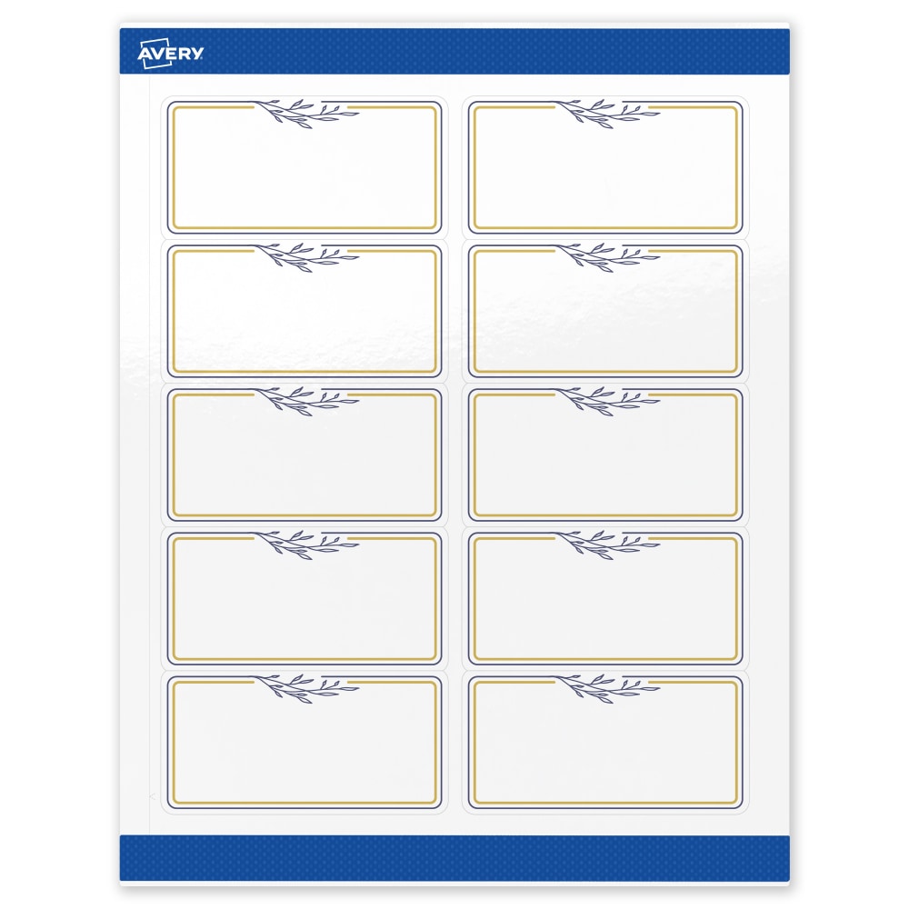 Avery Printable Labels & Sure Feed, S00-DNR-PRWGP10, 2in x 4in, Glossy White, Preprinted Gold & Navy Border & Floral Design, Pack Of 100 MPN:S00-DNR-PRWGP10