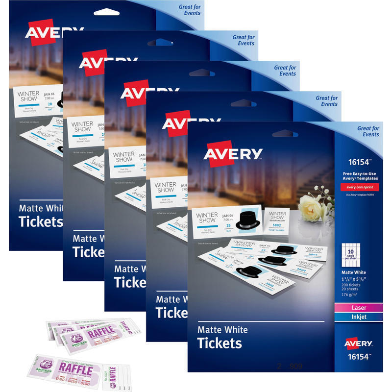 Avery Blank Tickets with Tear-Away Stubs, 1 3/4in x 5 1/2in, Matte White, 20 Per Sheet, 10 Sheets Per Pack, 5 Packs, Total of 1000 Labels MPN:16154CT