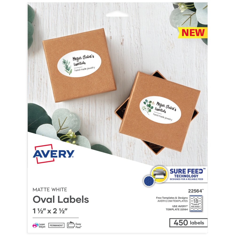 Avery Printable Blank ID Labels, 22564, Oval, 1.5in x 2.5in, White, Pack Of 450 Labels MPN:22564
