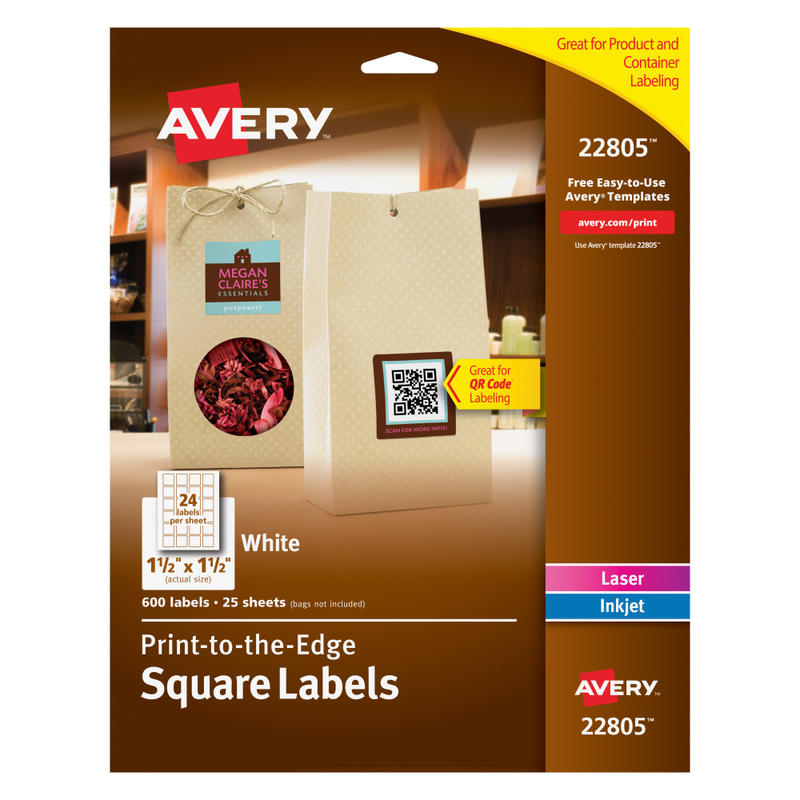 Avery Printable Blank Labels, 22805, Square, 1.5in x 1.5in, White, Pack Of 600 MPN:22805