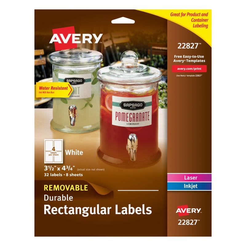 Avery Removable Durable Rectangle Labels, 22827, 3 1/2in x 4 3/4in, White, Pack Of 32 (Min Order Qty 4) MPN:22827