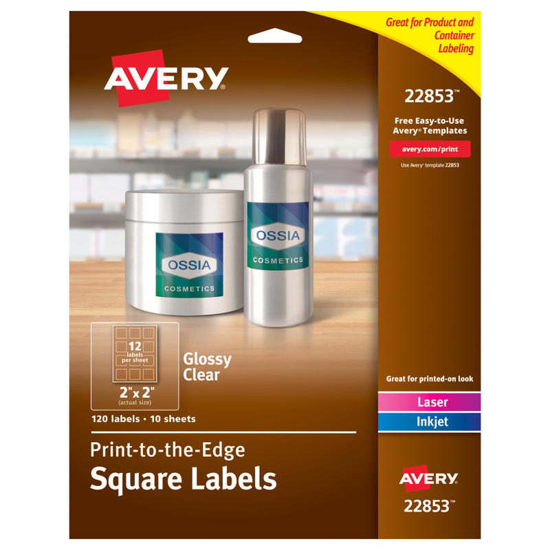 Avery Print-To-The-Edge Labels, 22853, Square, 2in x 2in, Glossy Clear, Pack Of 120 MPN:22853