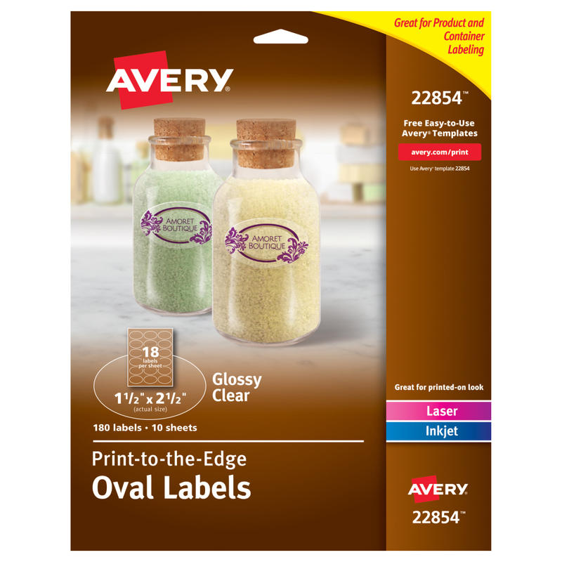 Avery Print-to-the-Edge Labels With Sure Feed Technology, 22854, Oval, 1.5in x 2.5in, Glossy Crystal Clear, Pack Of 180 Customizable Labels MPN:22854