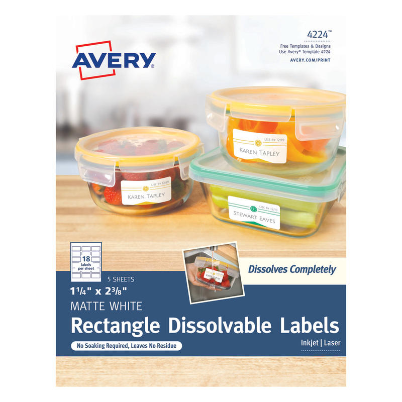 Avery Dissolvable Labels, 4224, Rectangle, 1 1/4in x 2 3/8in, White, Pack Of 90 MPN:4224