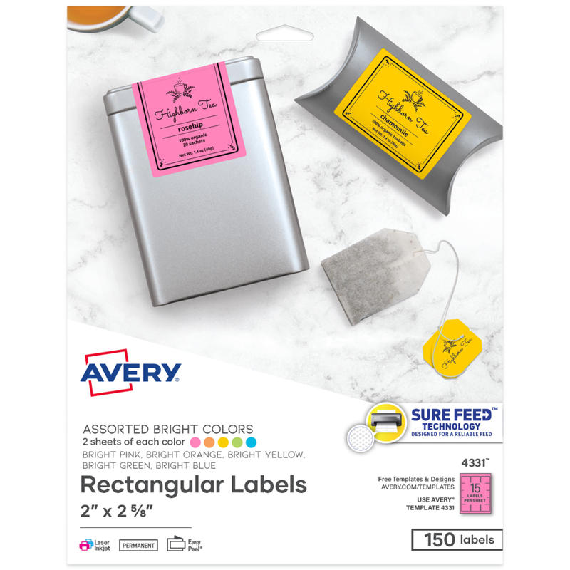 Avery Labels With Sure Feed Assorted Bright Colors, 4331, 2in x 2 5/8in, Pack Of 150 MPN:4331