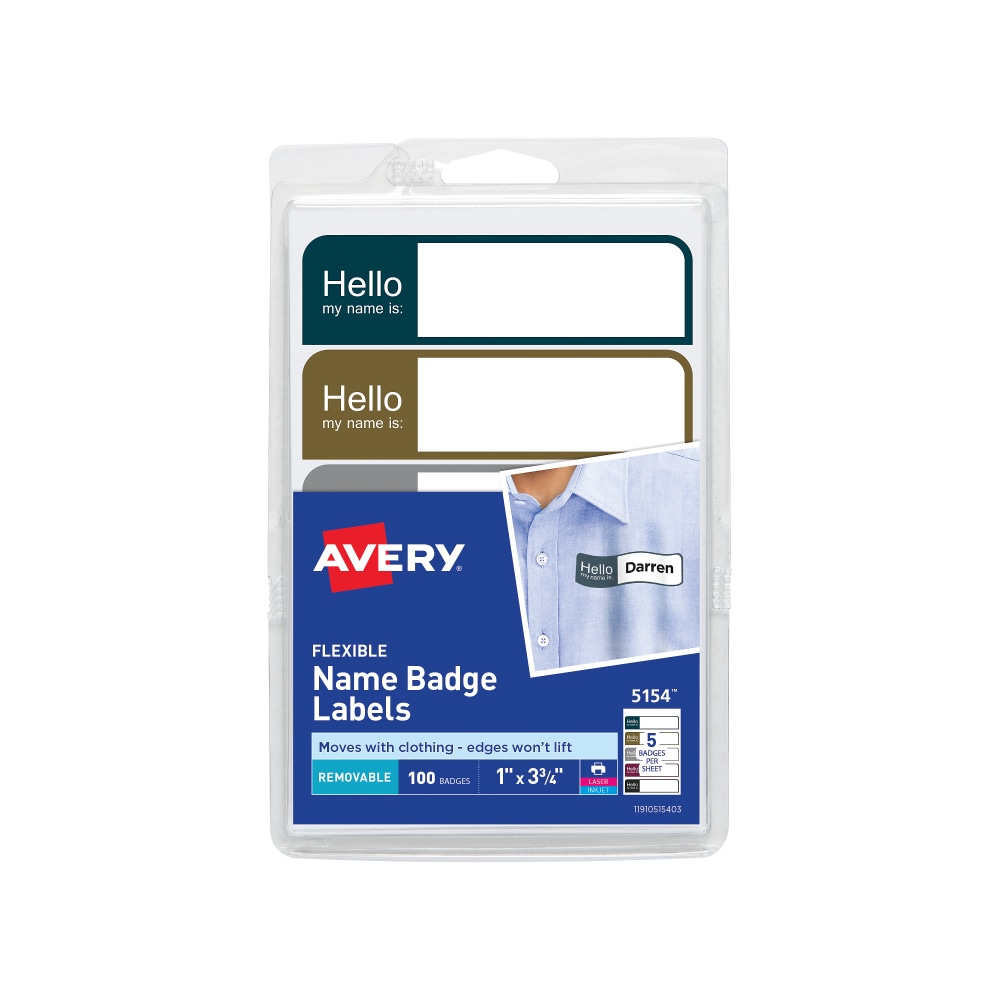 Avery Flexible Name Badge Labels, Rectangle, 5154, 1in x 3 3/4in, Assorted Colors, Pack Of 100 MPN:5154