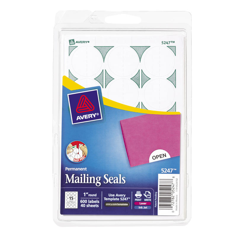 Avery Permanent Mailing Seals, 5247, Round, 1in Diameter, Pack Of 600 MPN:5247