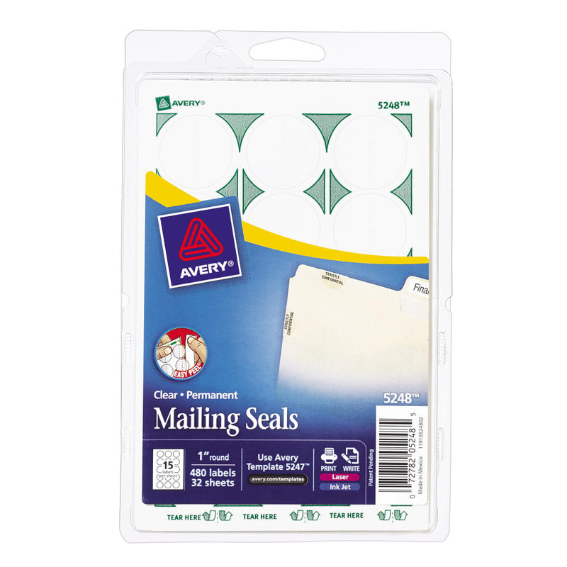 Avery Permanent Mailing Seals, 5248, Round, 1in Diameter, Clear, Pack Of 480 MPN:5248